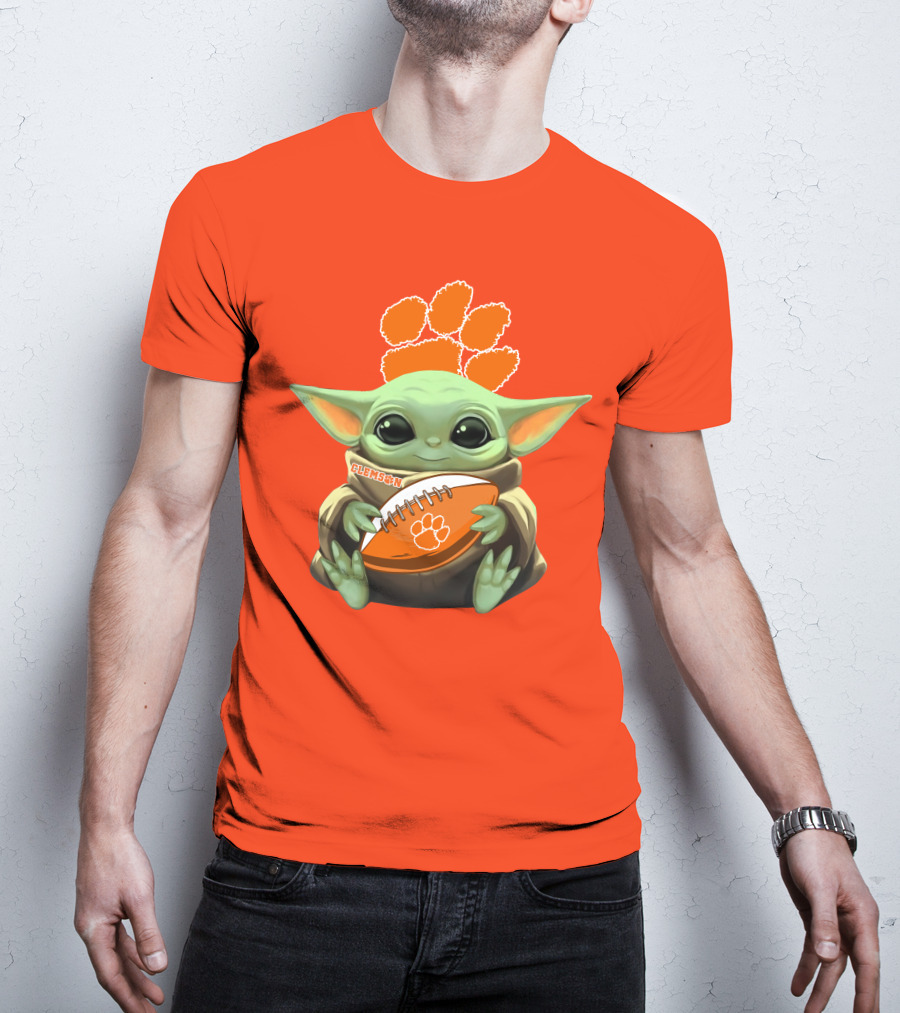Clemson Orange Paw Baby Yoda Football T-Shirt