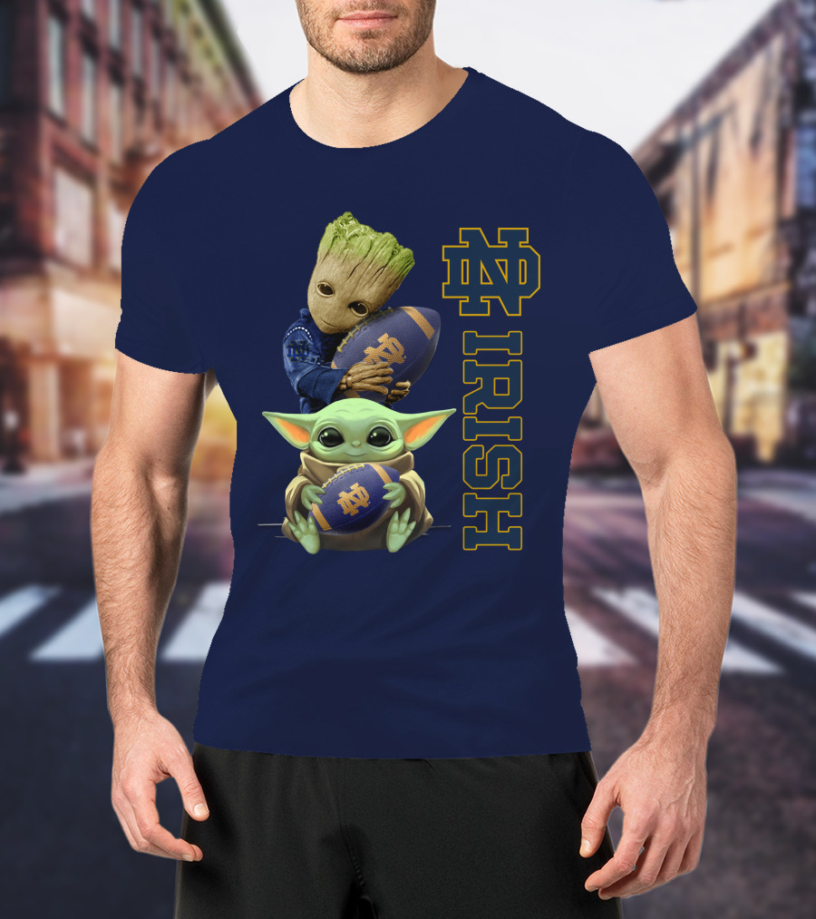 Notre Dame Irish Baby Groot And Baby Yoda Football T-Shirt