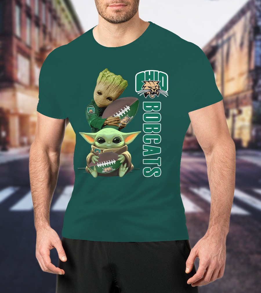 Ohio Bobcats Grogu And Groot Football T-Shirt