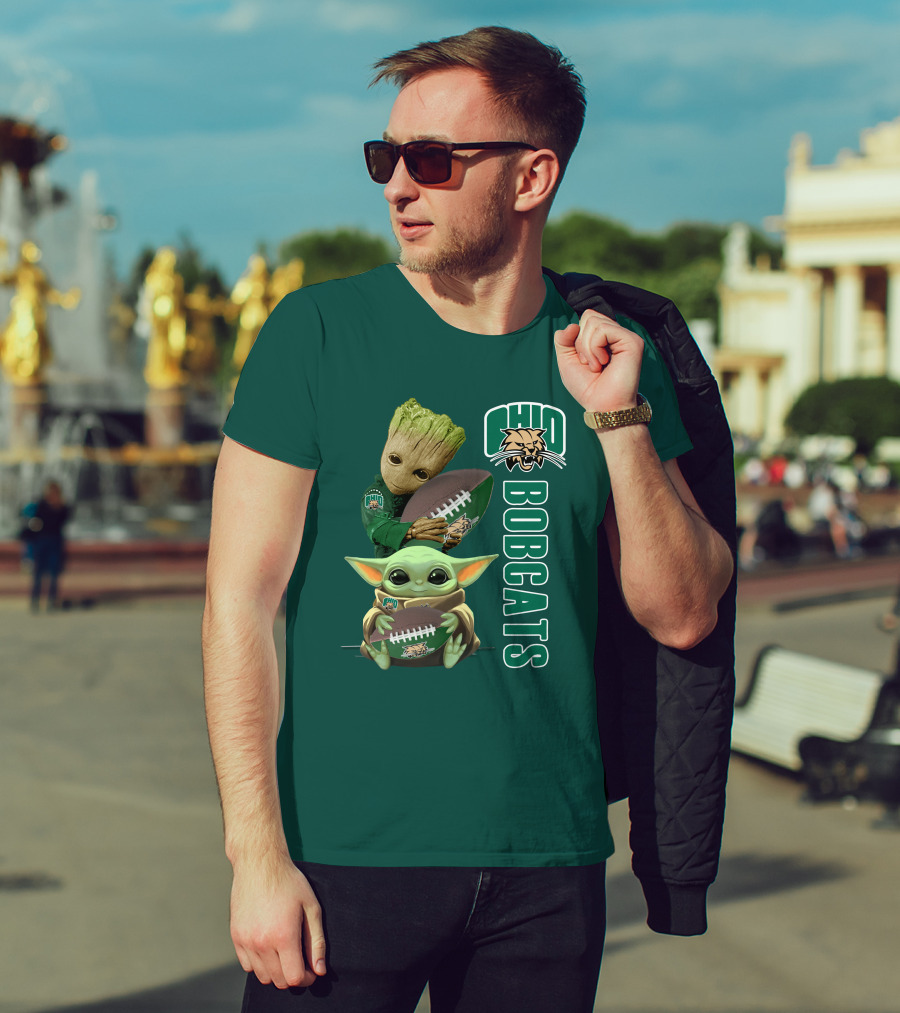 Ohio Bobcats Grogu And Groot Football T-Shirt