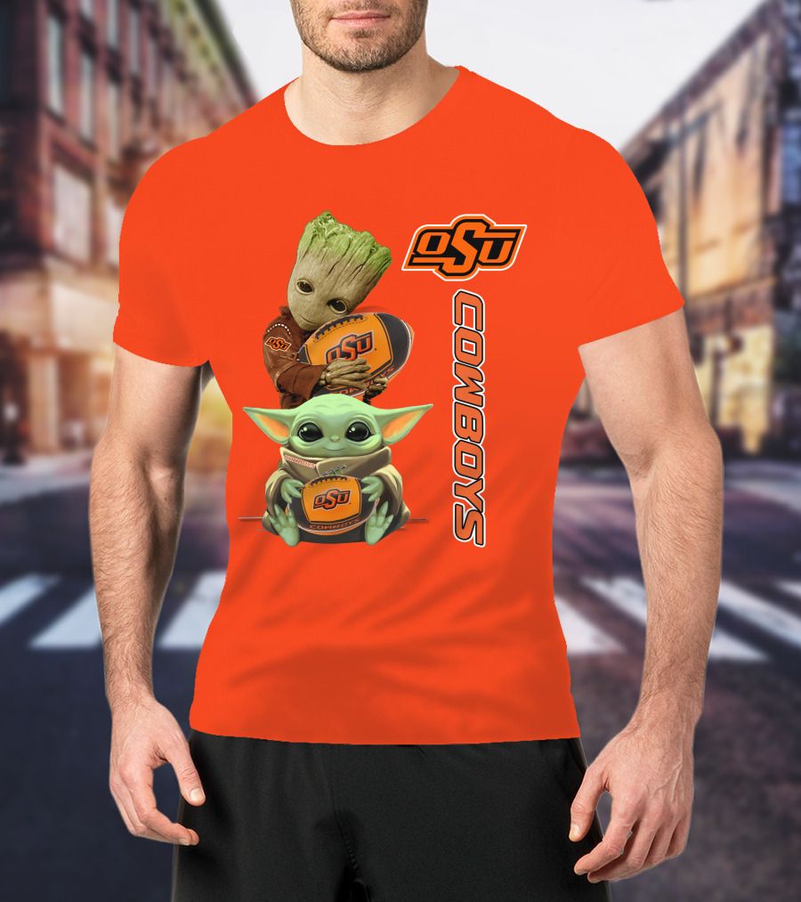 Osu Cowboys Groot And Baby Yoda Hugging Football T-Shirt