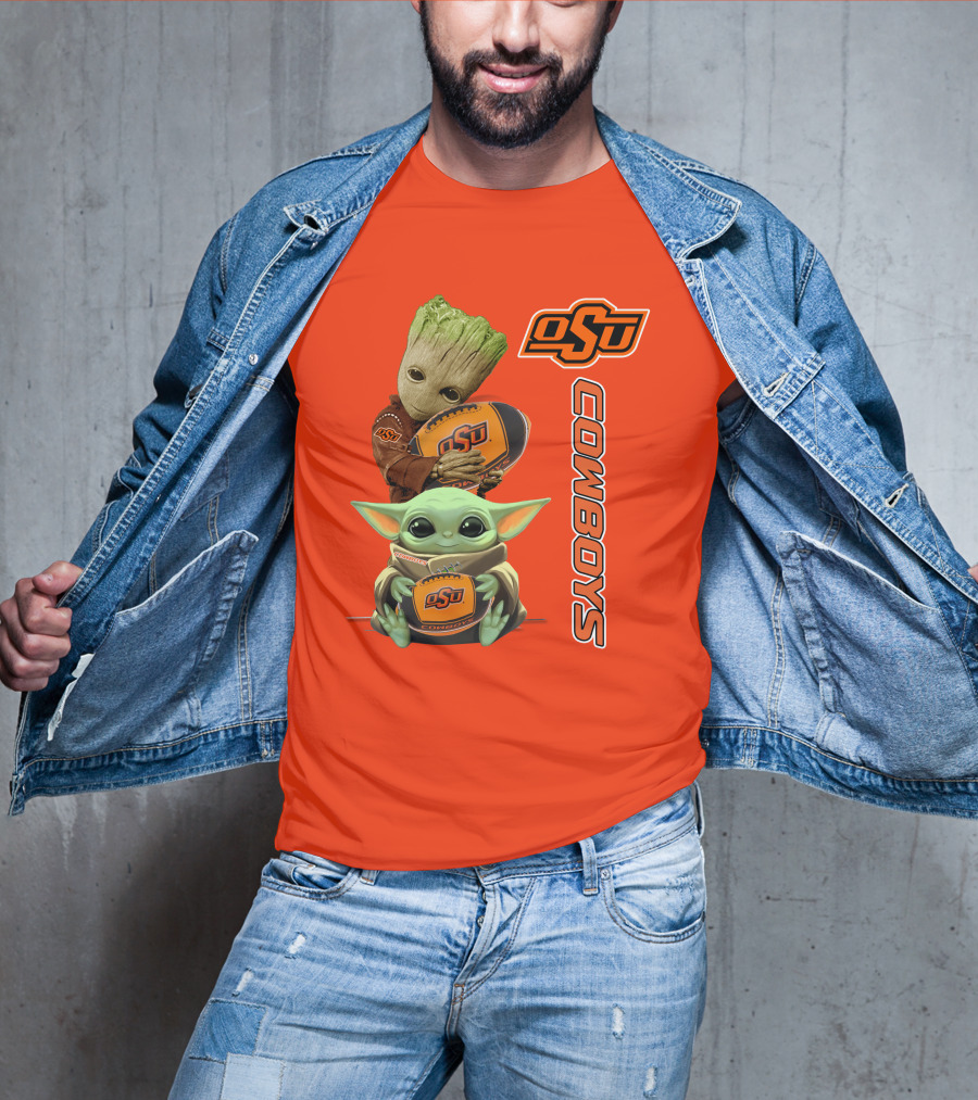 Osu Cowboys Groot And Baby Yoda Hugging Football T-Shirt
