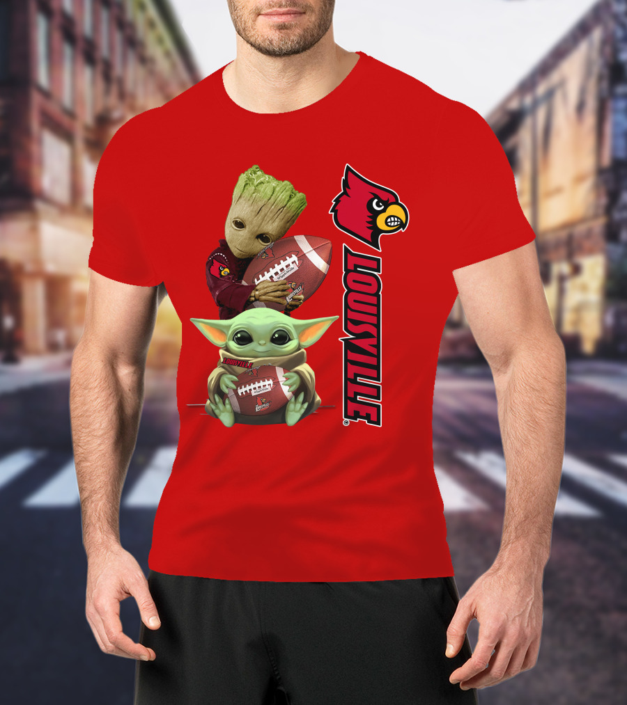 Groot Baby Yoda Holding Football Louisville Cardinals T-Shirt