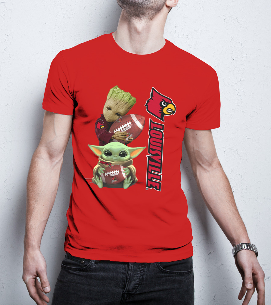 Groot Baby Yoda Holding Football Louisville Cardinals T-Shirt