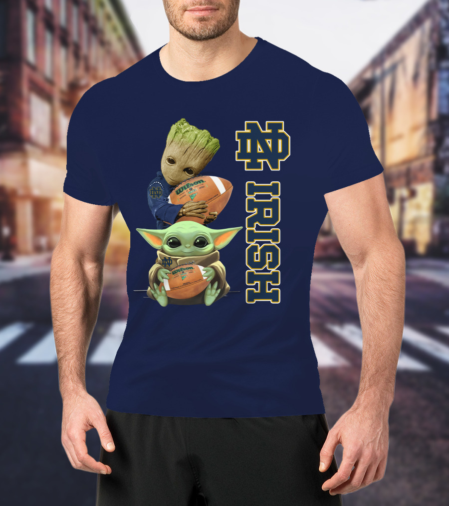 Notre Dame Irish Groot And Baby Yoda Holding Wilson Football T-Shirt