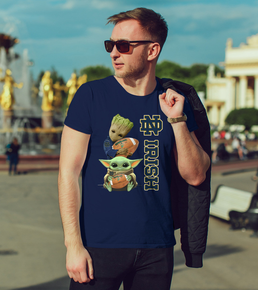 Notre Dame Irish Groot And Baby Yoda Holding Wilson Football T-Shirt