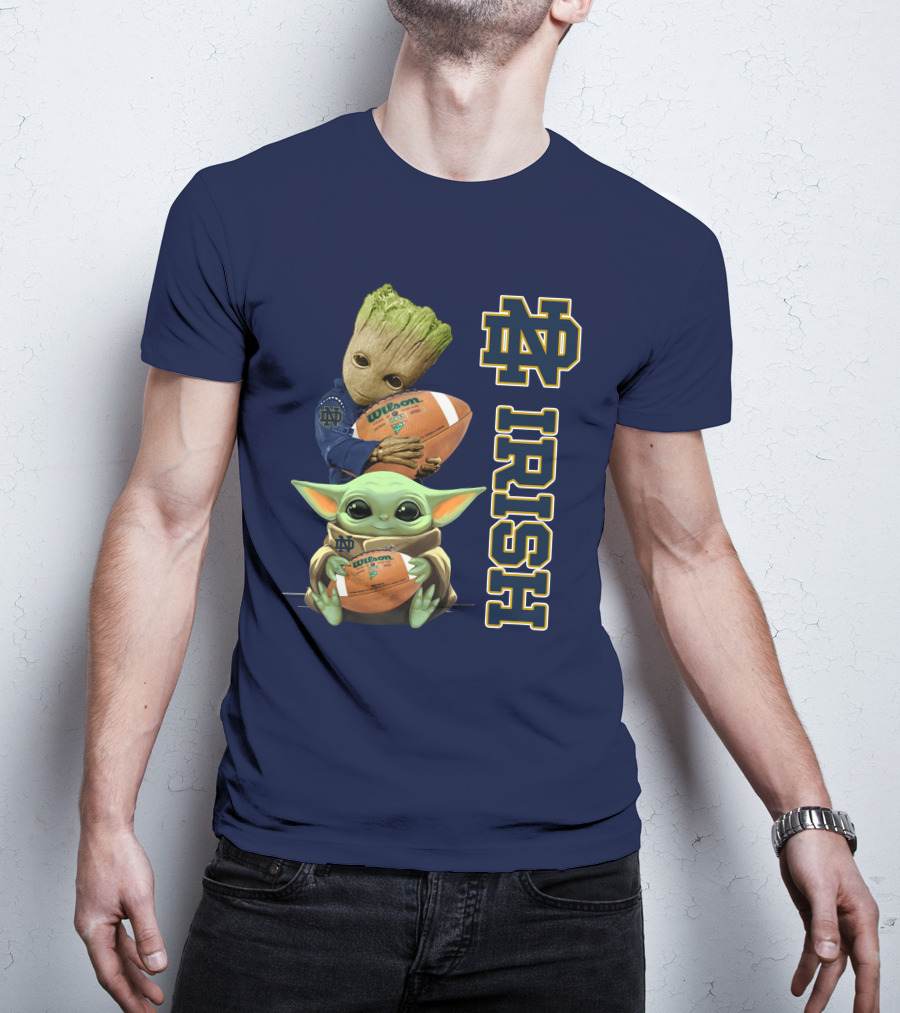 Notre Dame Irish Groot And Baby Yoda Holding Wilson Football T-Shirt