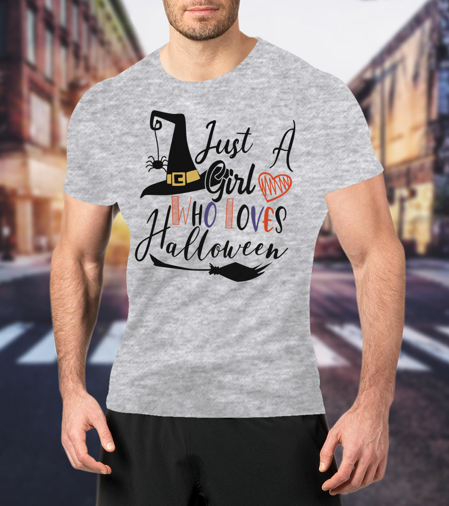 Just A Girl Who Loves Halloween Witch Hat And Broom With Spider And Heart T-Shirt