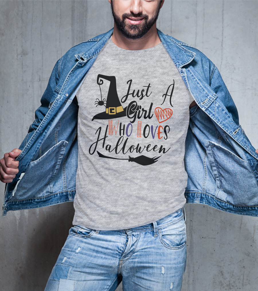 Just A Girl Who Loves Halloween Witch Hat And Broom With Spider And Heart T-Shirt