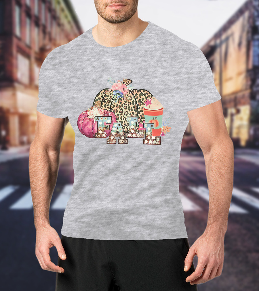 FALL Leopard Print Pumpkin With Coffee Latte And Flowers T-Shirt