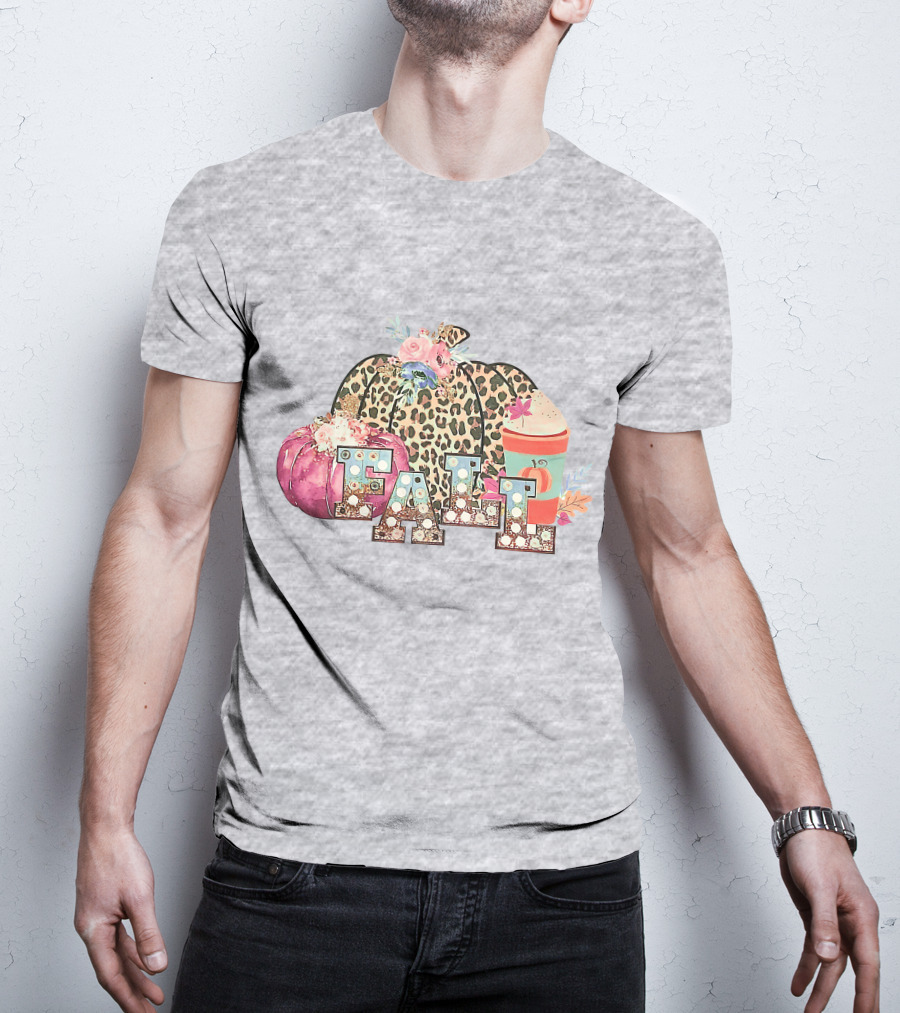 FALL Leopard Print Pumpkin With Coffee Latte And Flowers T-Shirt