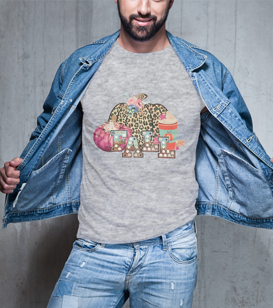 FALL Leopard Print Pumpkin With Coffee Latte And Flowers T-Shirt