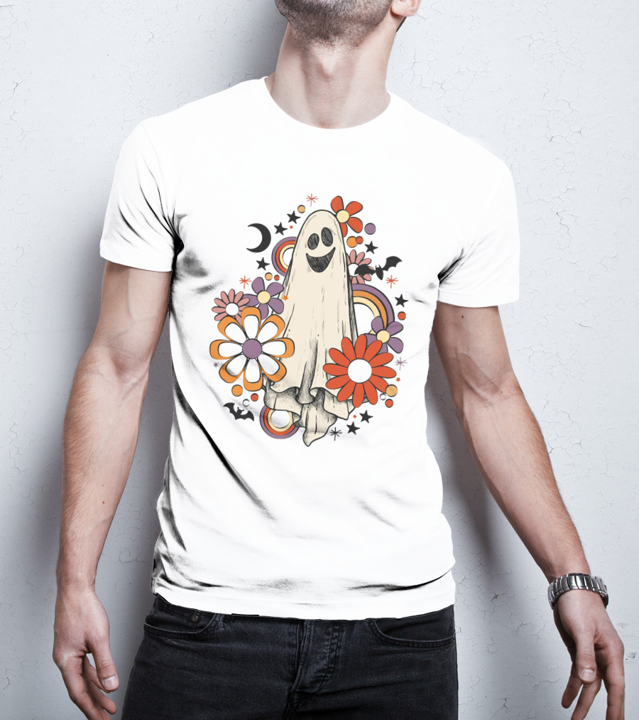 Retro Halloween Ghost With Flowers And Bats T-Shirt