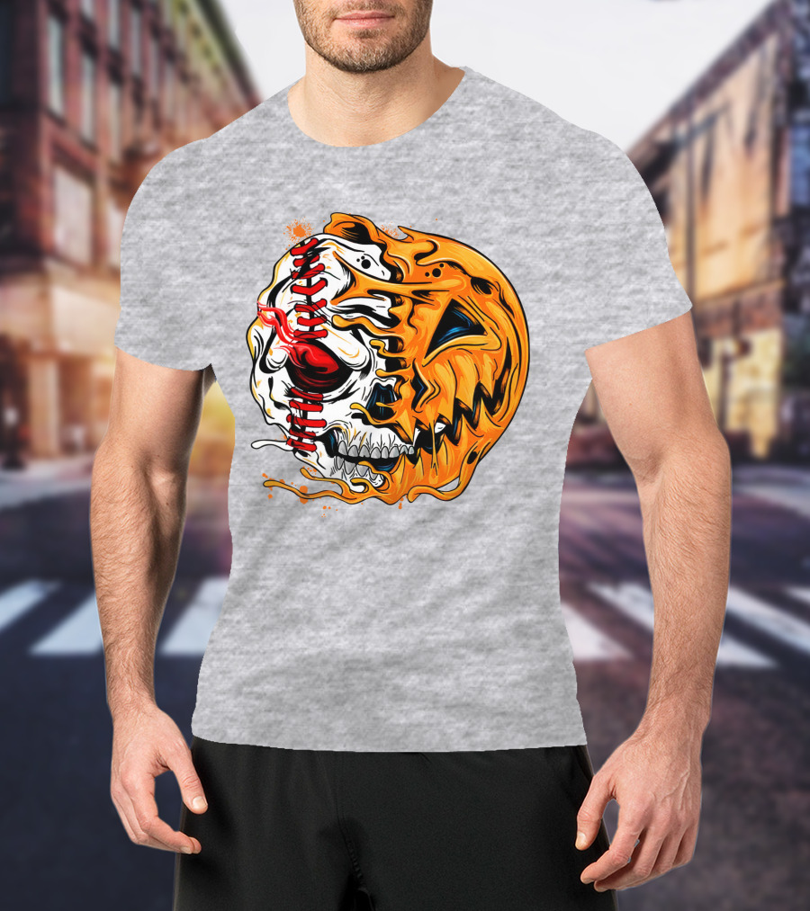 Baseball Pumpkin Skull Halloween Fusion T-Shirt