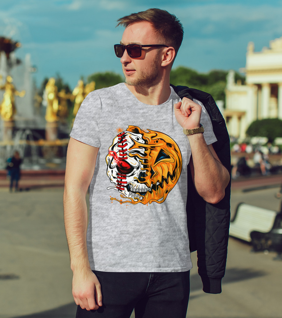 Baseball Pumpkin Skull Halloween Fusion T-Shirt