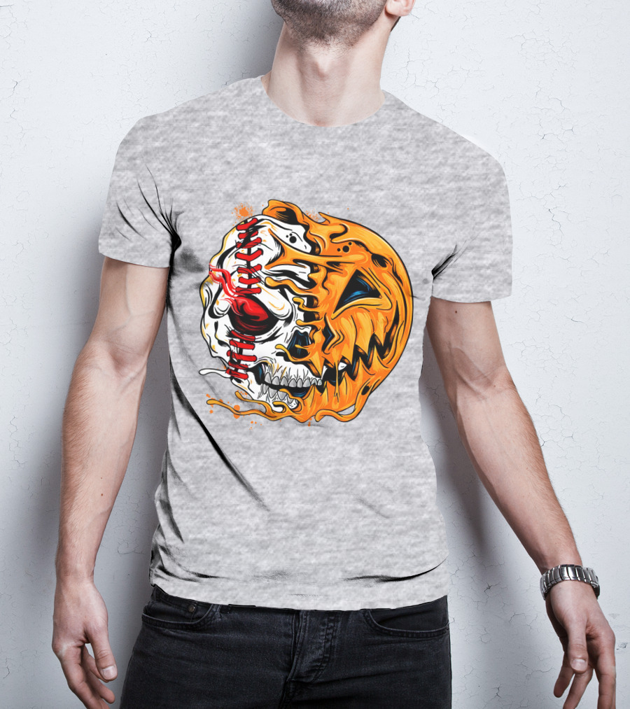 Baseball Pumpkin Skull Halloween Fusion T-Shirt