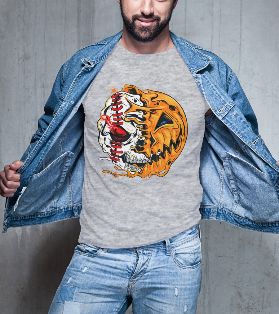 Baseball Pumpkin Skull Halloween Fusion T-Shirt