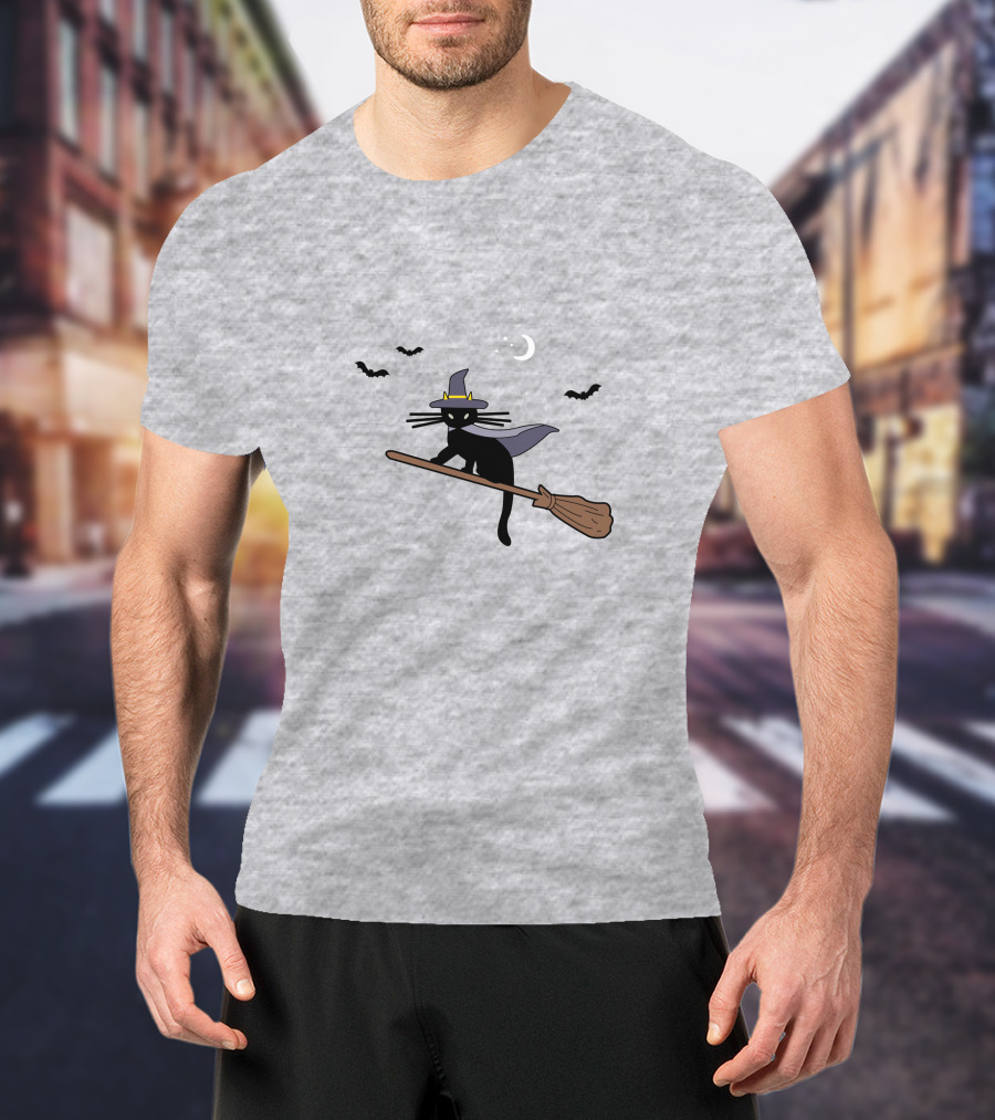 Black Cat Halloween Hocus Pocus Magic Broomstick Bat Lover T-Shirt