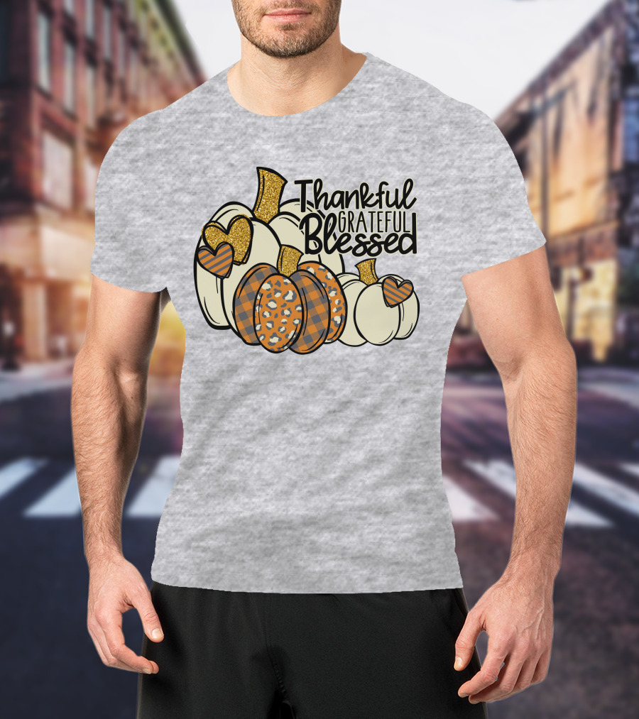 Thankful Grateful Blessed Leopard Pumpkin Thanksgiving T-Shirt
