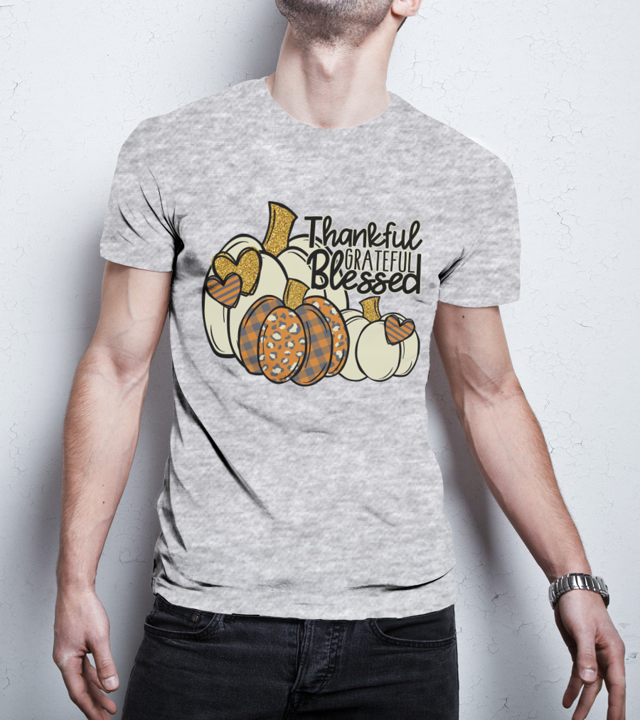 Thankful Grateful Blessed Leopard Pumpkin Thanksgiving T-Shirt