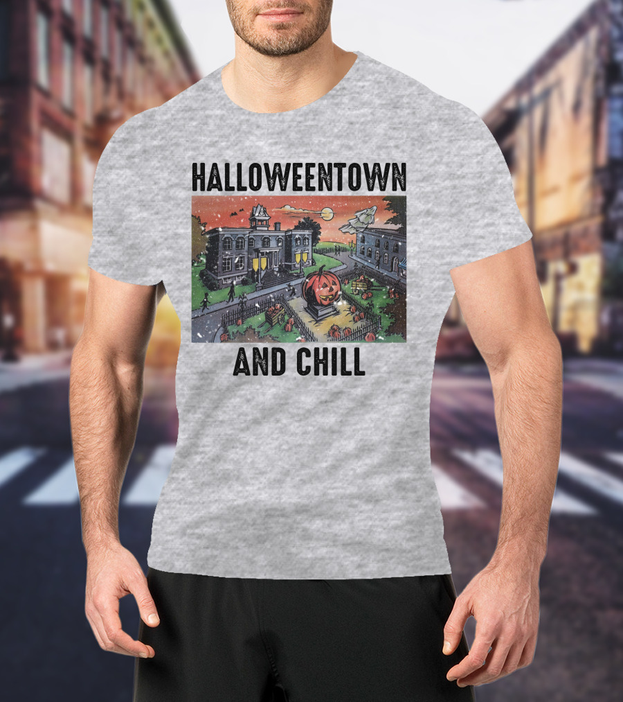 Halloweentown And Chill Spooky Town Scene With Lit Pumpkin Statue T-Shirt