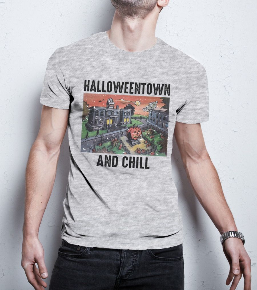 Halloweentown And Chill Spooky Town Scene With Lit Pumpkin Statue T-Shirt