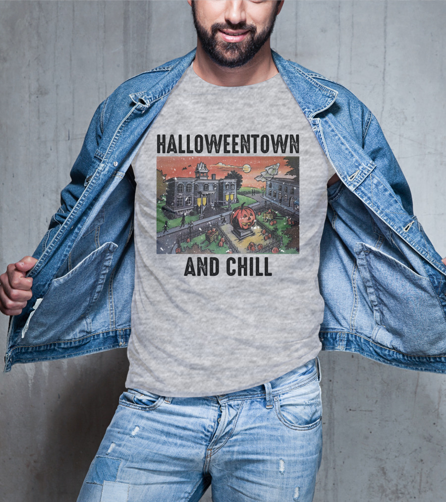 Halloweentown And Chill Spooky Town Scene With Lit Pumpkin Statue T-Shirt