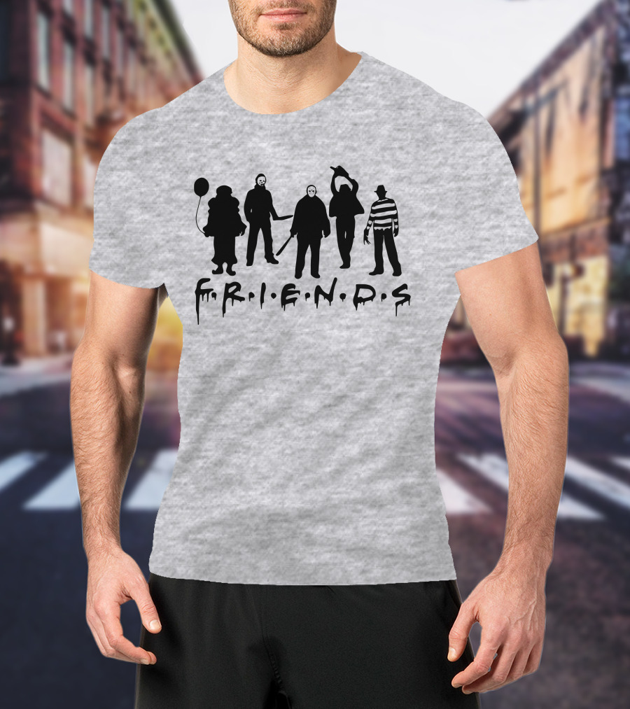 F.R.I.E.N.D.S Halloween Horror Movie Characters With Balloon And Stripes T-Shirt