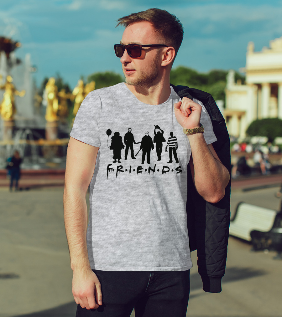 F.R.I.E.N.D.S Halloween Horror Movie Characters With Balloon And Stripes T-Shirt