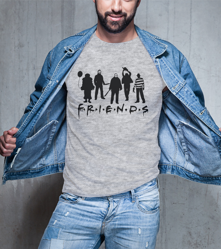 F.R.I.E.N.D.S Halloween Horror Movie Characters With Balloon And Stripes T-Shirt