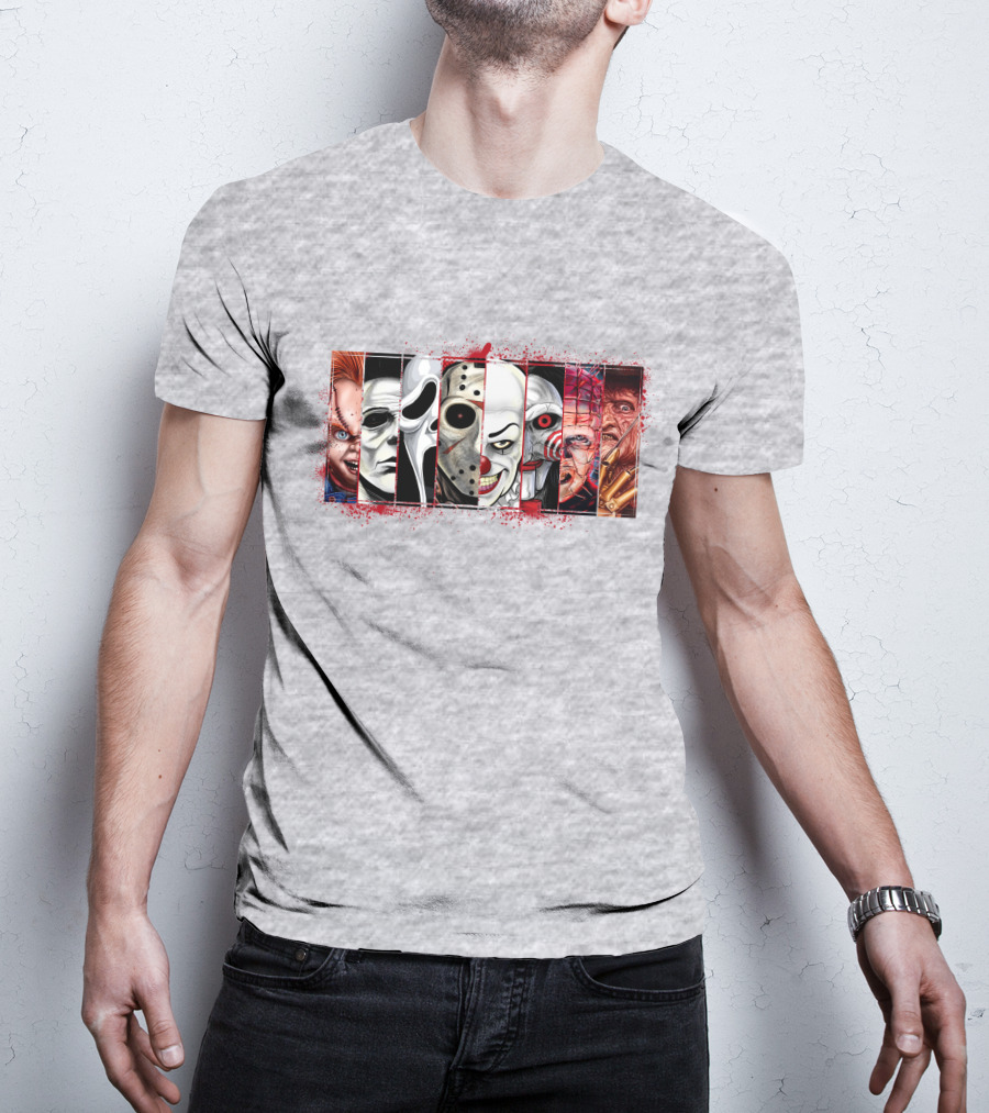 Chucky Ghostface Jason Voorhees Pennywise Jigsaw Pinhead Freddy Krueger Horror Movie Characters T-Shirt