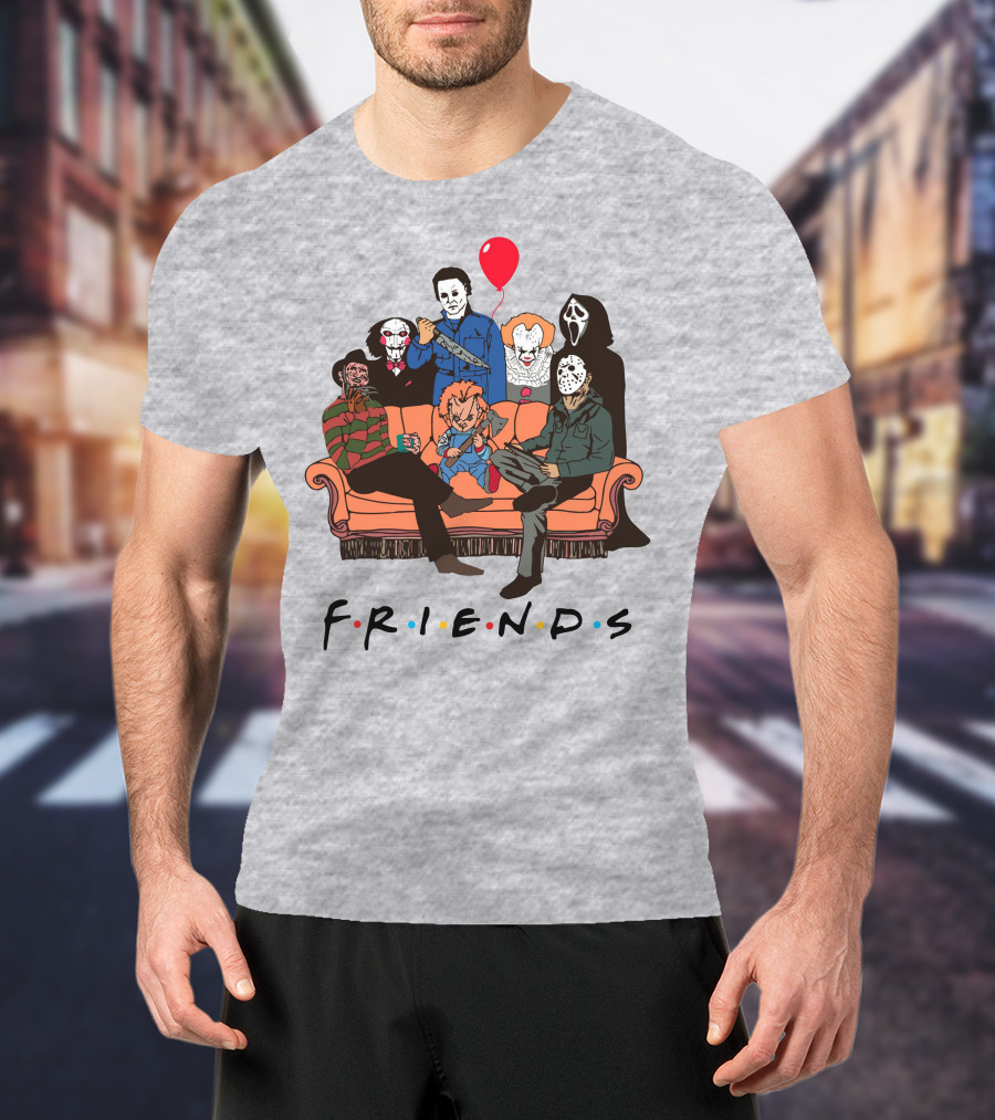 Famous Horror Movie Killers Characters Friends Sitting On Couch With Red Balloon T-Shirt