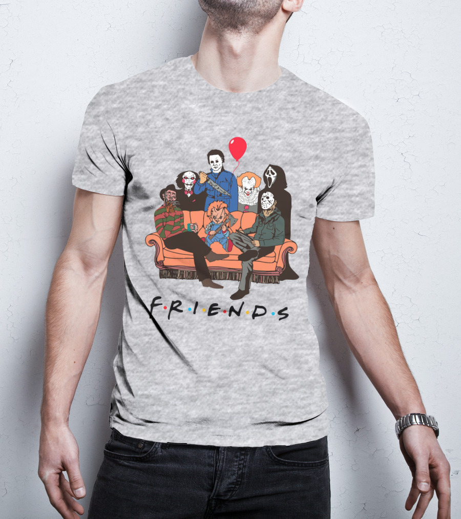 Famous Horror Movie Killers Characters Friends Sitting On Couch With Red Balloon T-Shirt
