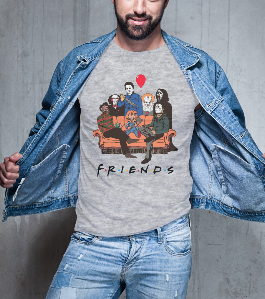 Famous Horror Movie Killers Characters Friends Sitting On Couch With Red Balloon T-Shirt