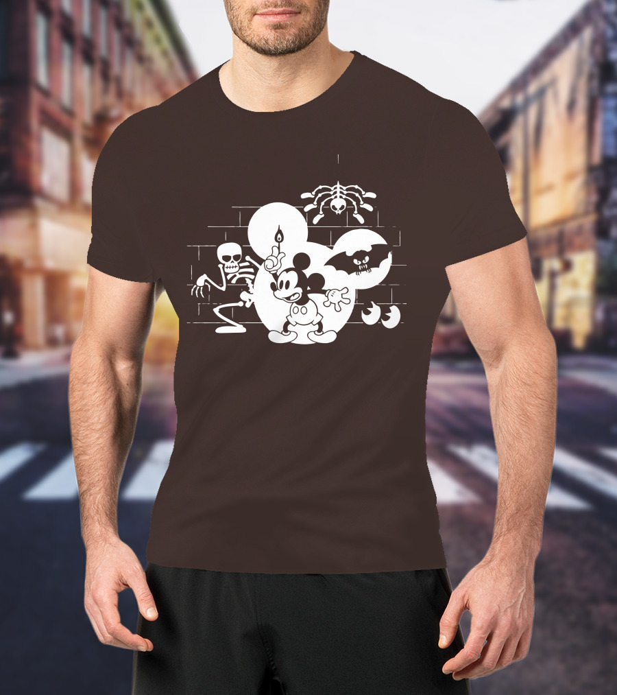 Mickey Mouse Haunted Halloween Mansion With Skeleton And Bat T-Shirt