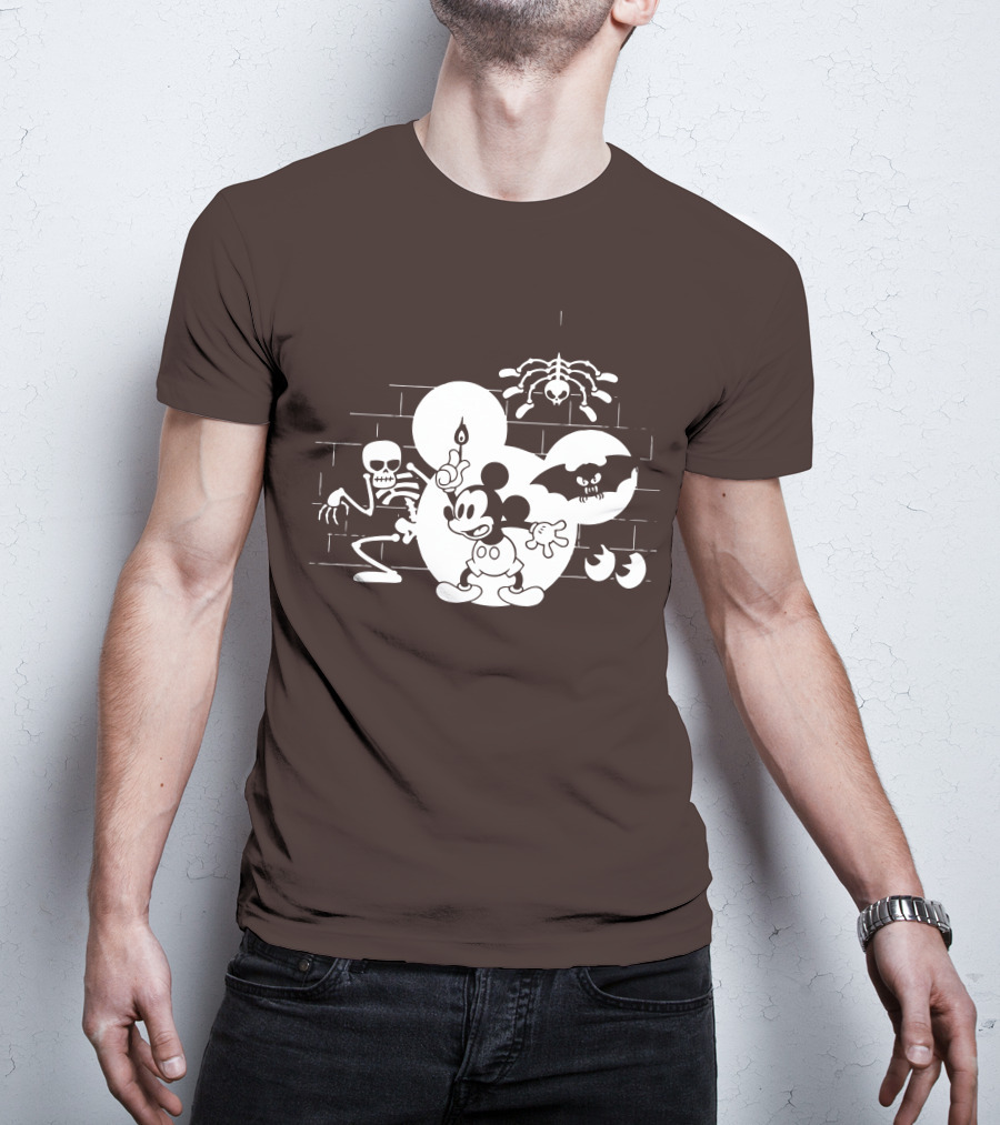 Mickey Mouse Haunted Halloween Mansion With Skeleton And Bat T-Shirt