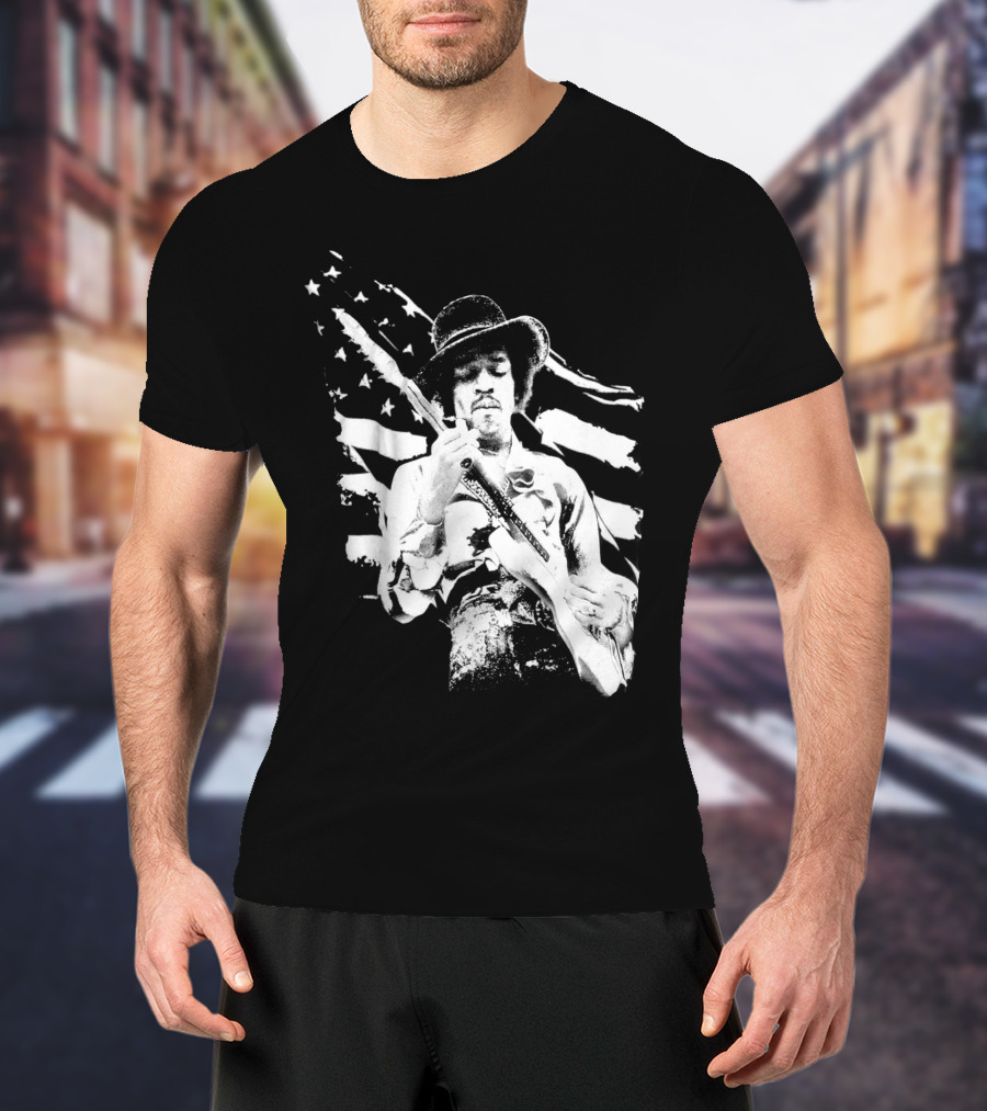 Jimi Hendrix Americana With Stars And Stripes Flag T-Shirt