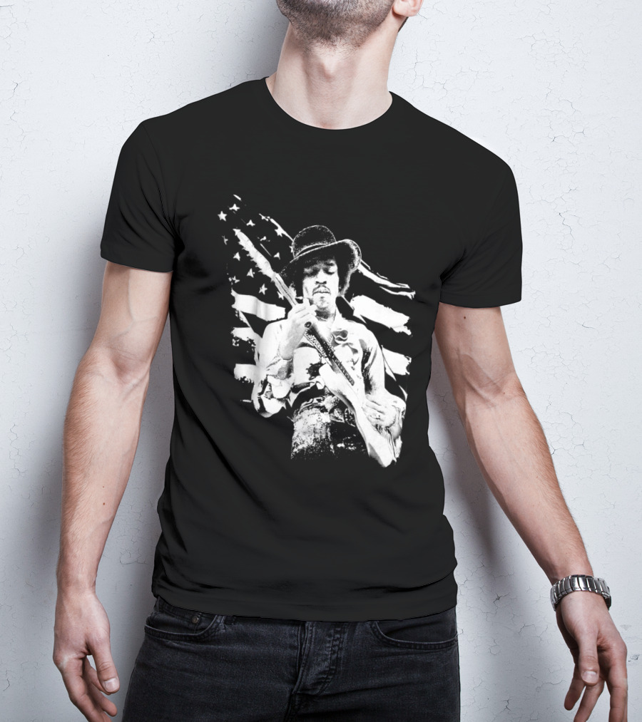 Jimi Hendrix Americana With Stars And Stripes Flag T-Shirt