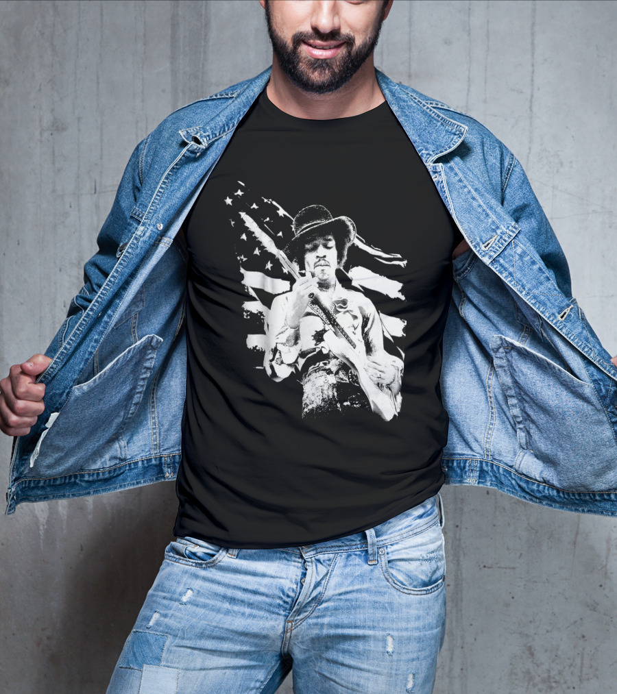 Jimi Hendrix Americana With Stars And Stripes Flag T-Shirt
