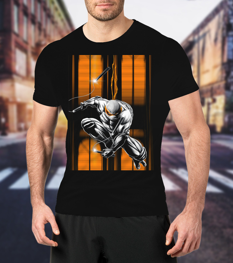 Michelangelo Ninja Turtle Nunchaku Action Orange Stripes T-Shirt