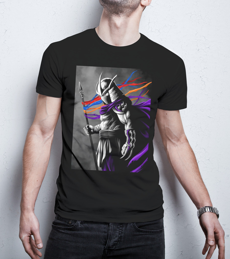 Shredder Villain With Spear And Flowing Cape In Colorful Ribbons T-Shirt