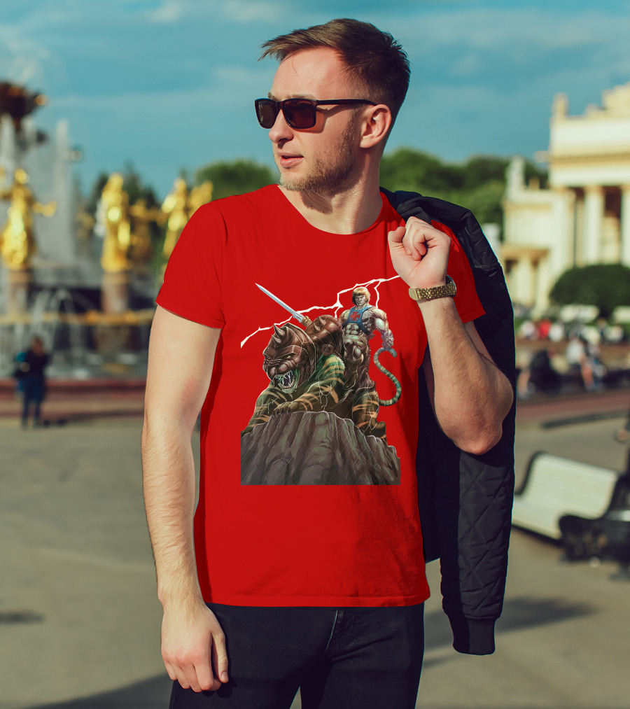He-Man Masters Of The Universe Sword And Battle Cat On Rock With Lightning T-Shirt