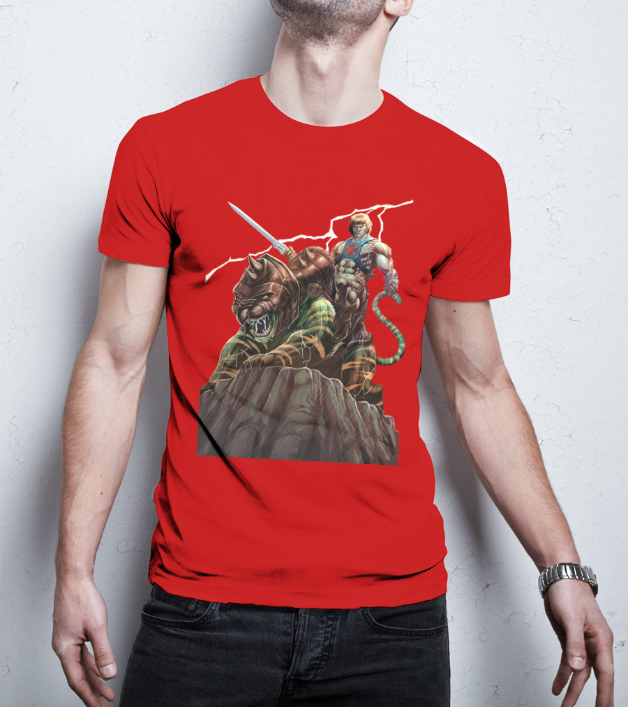 He-Man Masters Of The Universe Sword And Battle Cat On Rock With Lightning T-Shirt