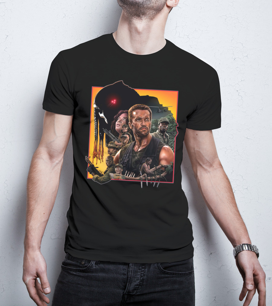 Predator Movie Characters And Jungle Battle Scene T-Shirt
