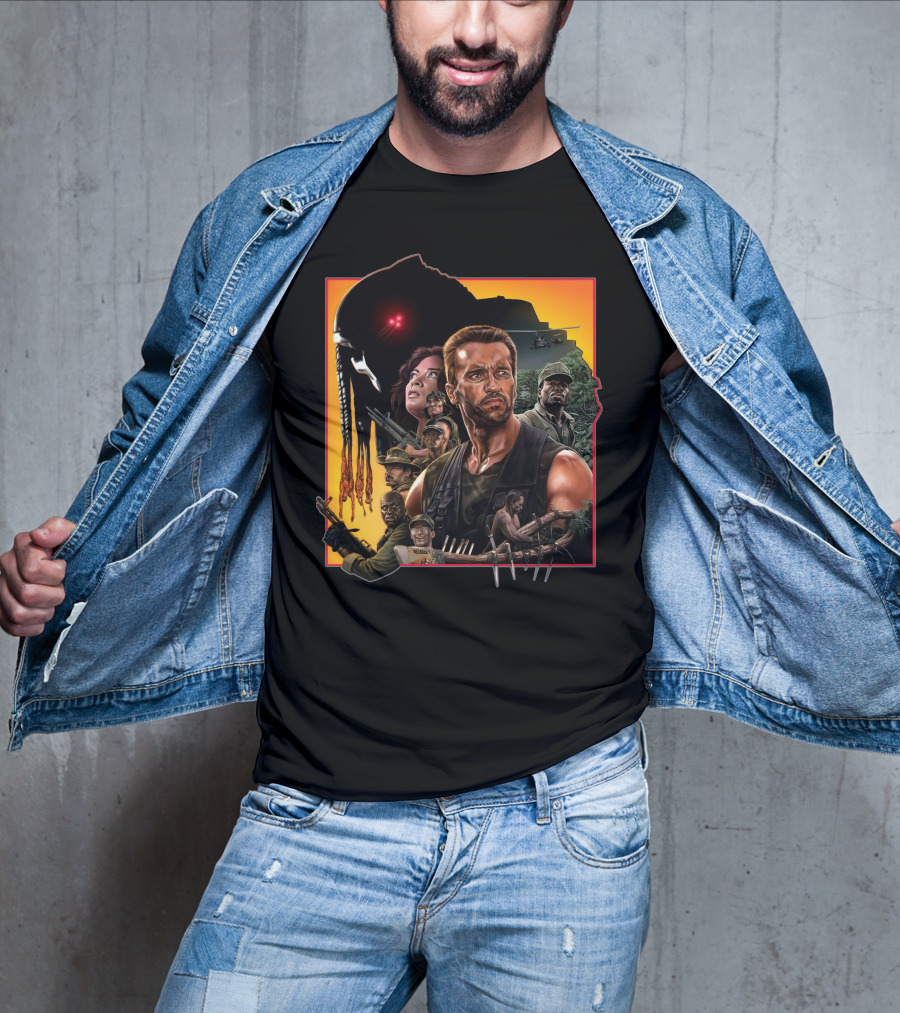 Predator Movie Characters And Jungle Battle Scene T-Shirt