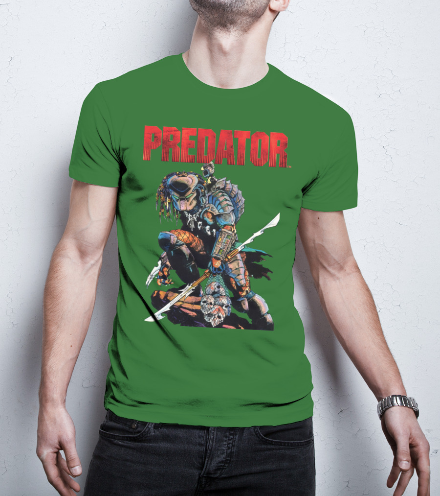 Predator Armored Warrior Kneeling With Blade And Skull Trophy T-Shirt