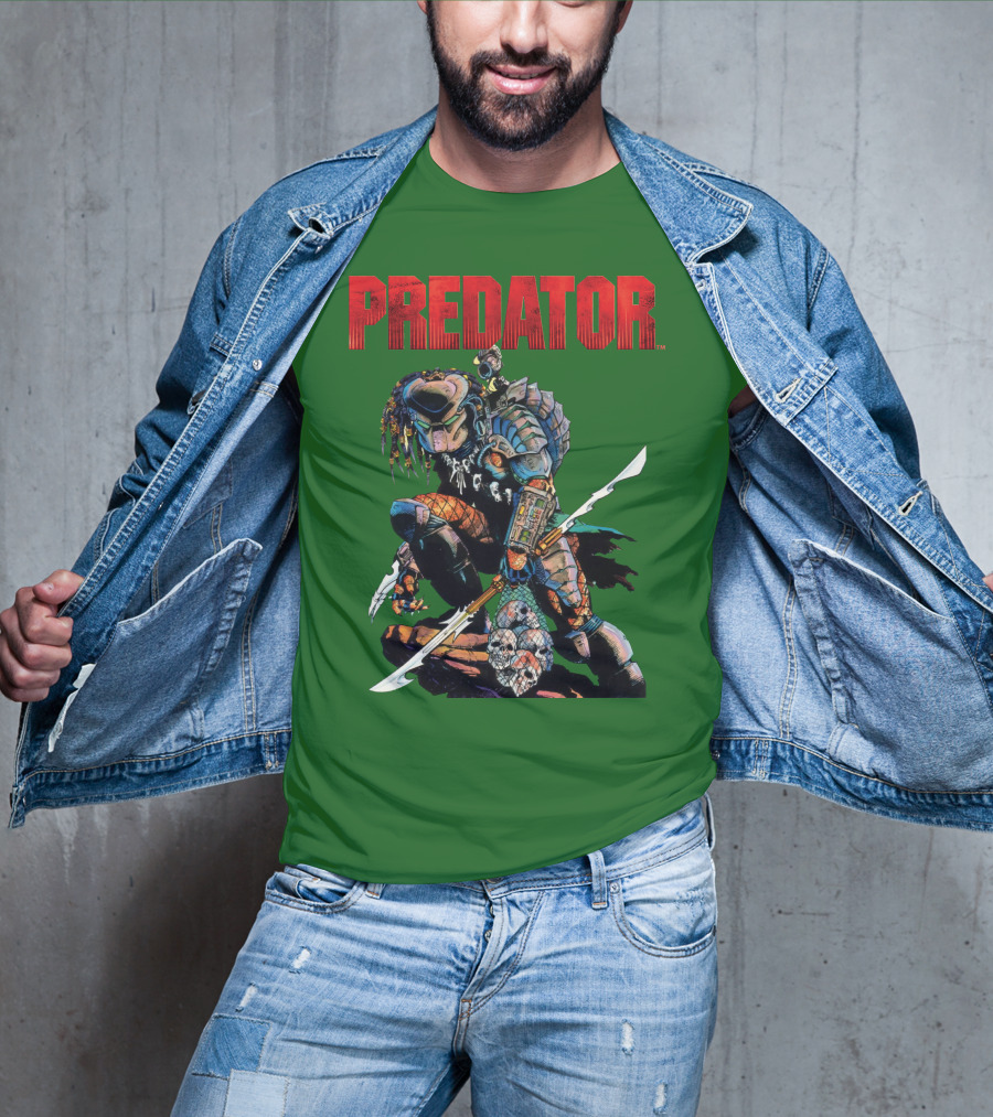 Predator Armored Warrior Kneeling With Blade And Skull Trophy T-Shirt
