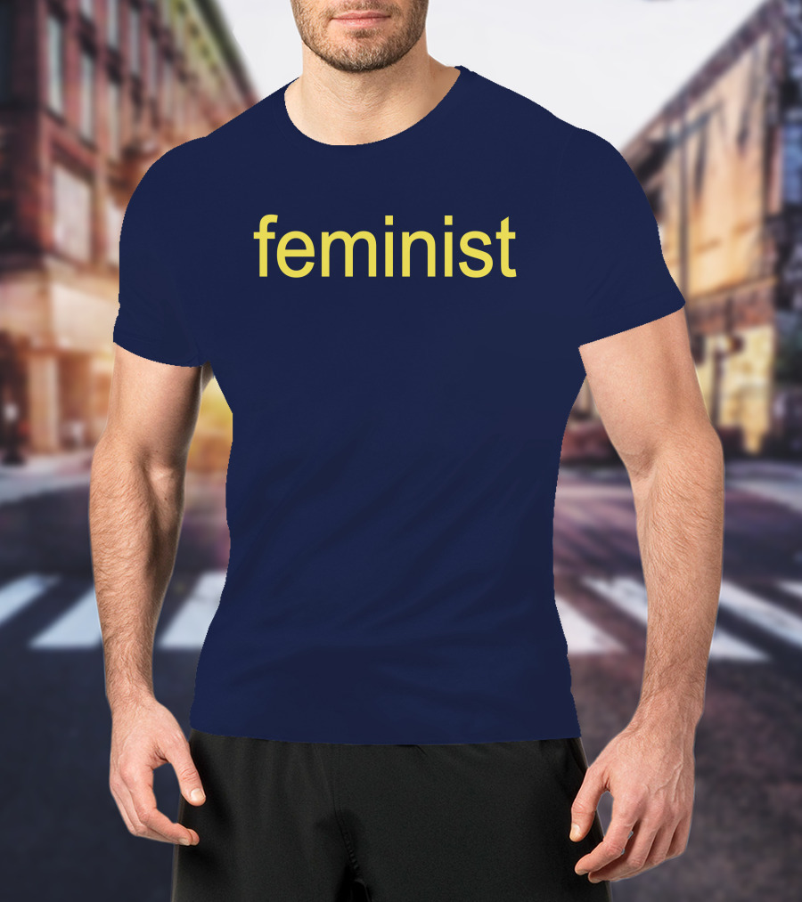 Feminist Yellow Text On Navy Blue T-Shirt