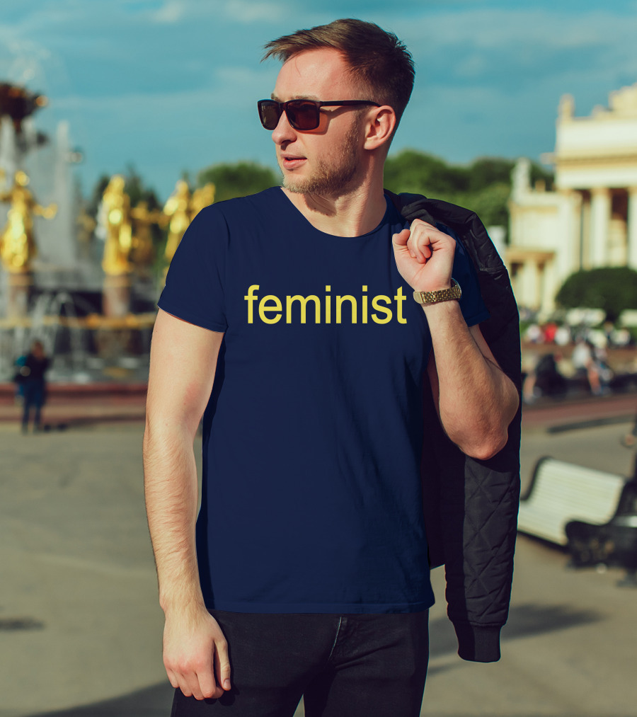 Feminist Yellow Text On Navy Blue T-Shirt
