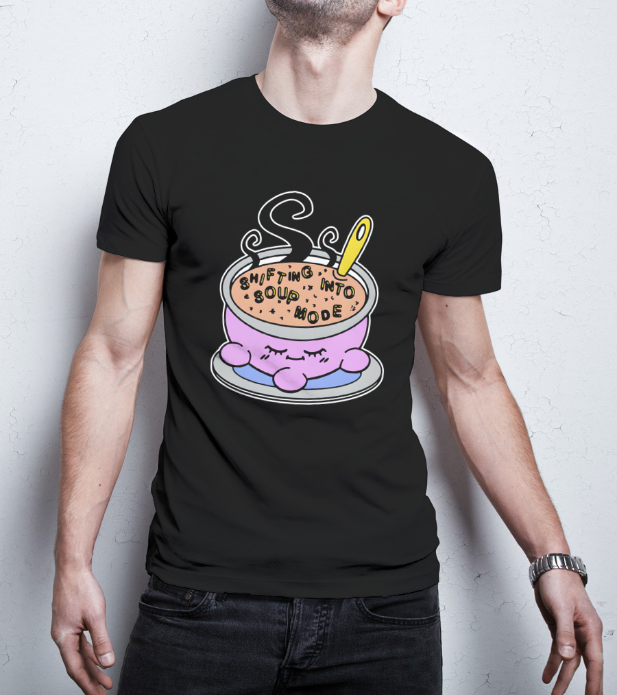 Shifting Into Soup Mode Adorable Pink Character In Relaxing Steamy Bowl With Yellow Spoon T-Shirt